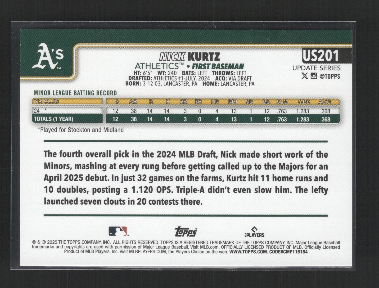 2025 Topps Update Nick Kurtz #US201 Rookie Pink Holo Foil