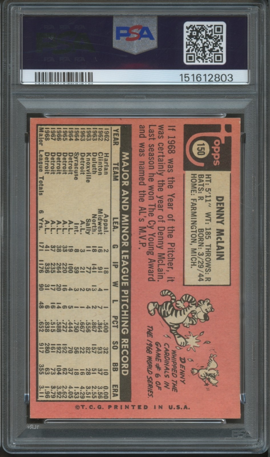 1969 Topps #150 Denny McLain PSA 8