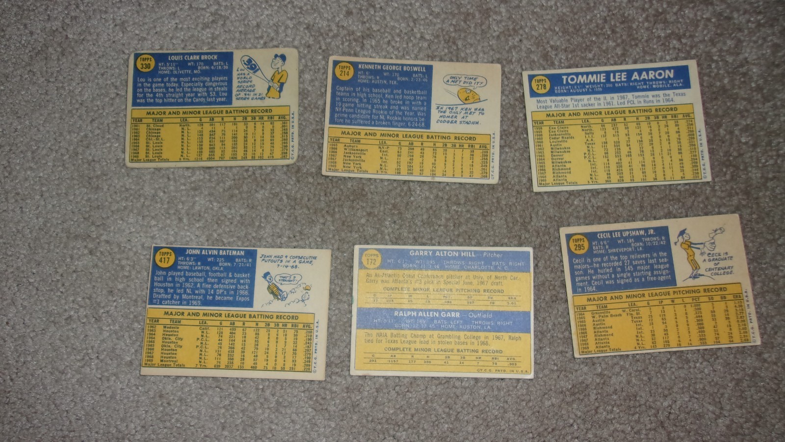 1970 Baseball 6 card lot; 1-HOF L. Brock, nbrs 214, 172, 330,417, 278, 295, gd