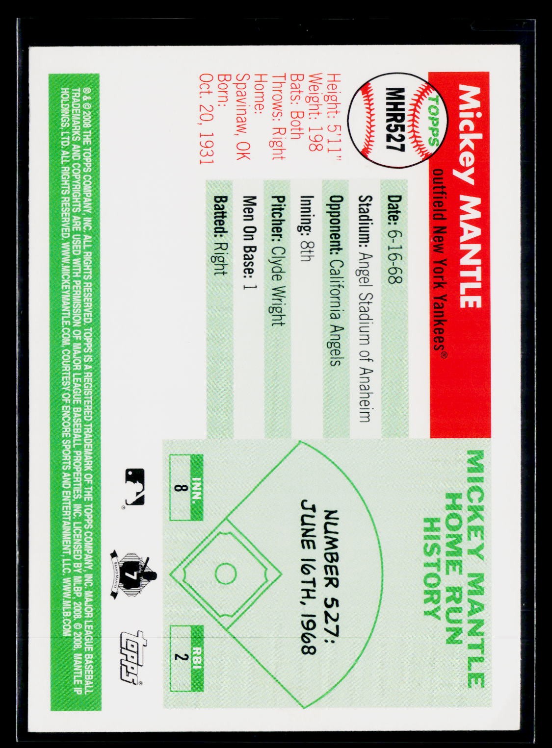 Mickey Mantle 2008 Topps Mickey Mantle Home Run History #MHR527 Yankees