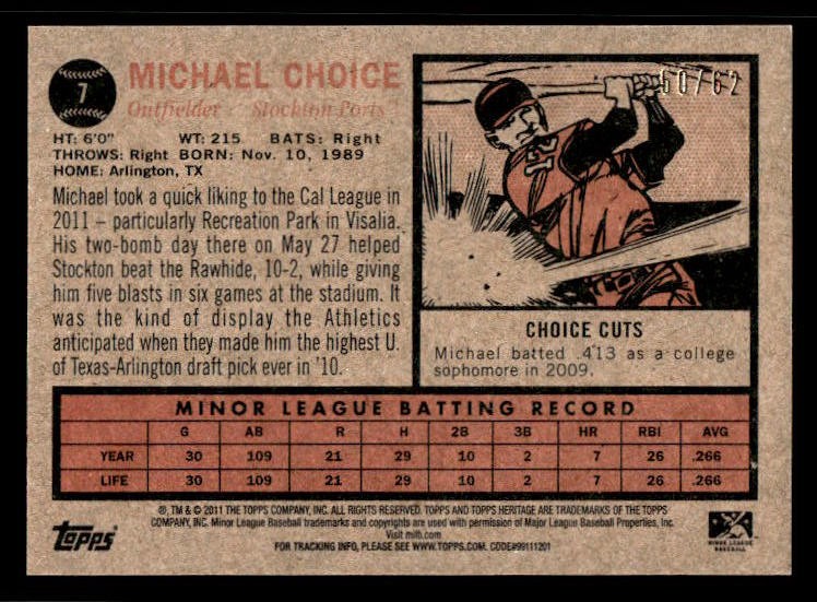 Michael Choice 2011 Topps Heritage Minor League Black Border #/62 #7 Ports ESE