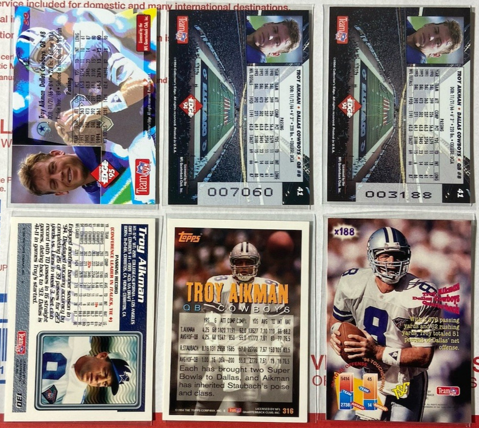 Lot of 6 Troy Aikman 1994 Collector’s Edge Boss Squad 41 & 1st Day Gold Parallel