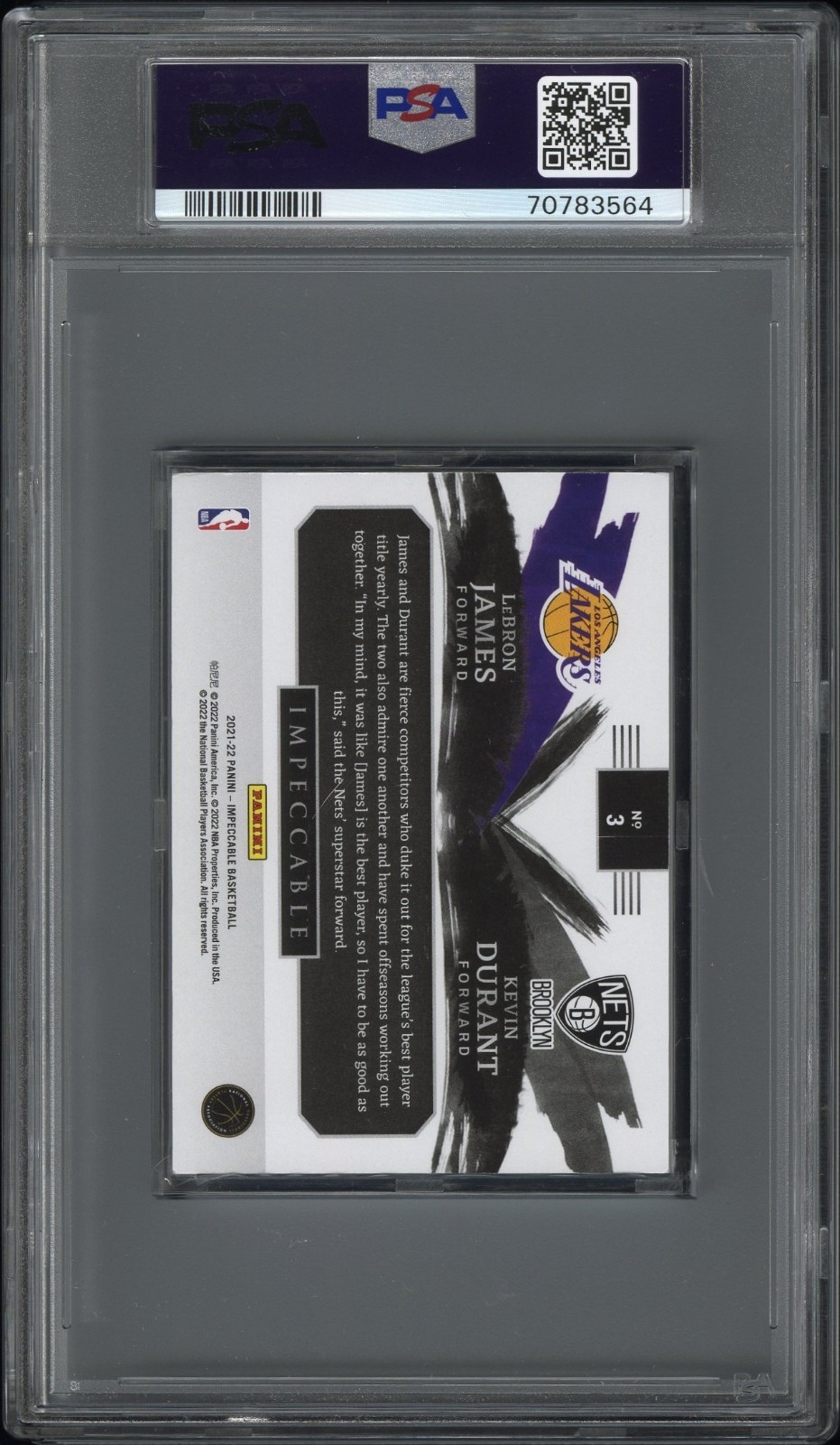 2021 Impeccable Durant/James REAL Silver block NBA 75th Anniversary /20 PSA 9
