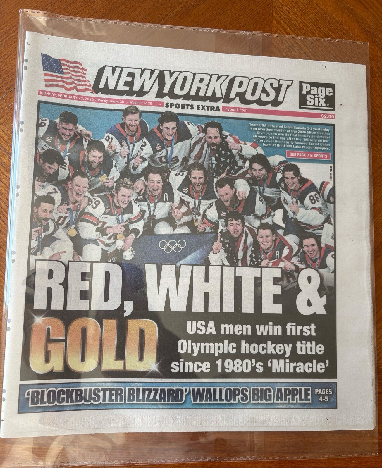 New York Post Feb 23 2026 USA Men’s Hockey Gold Medal Red White & Gold Olympics
