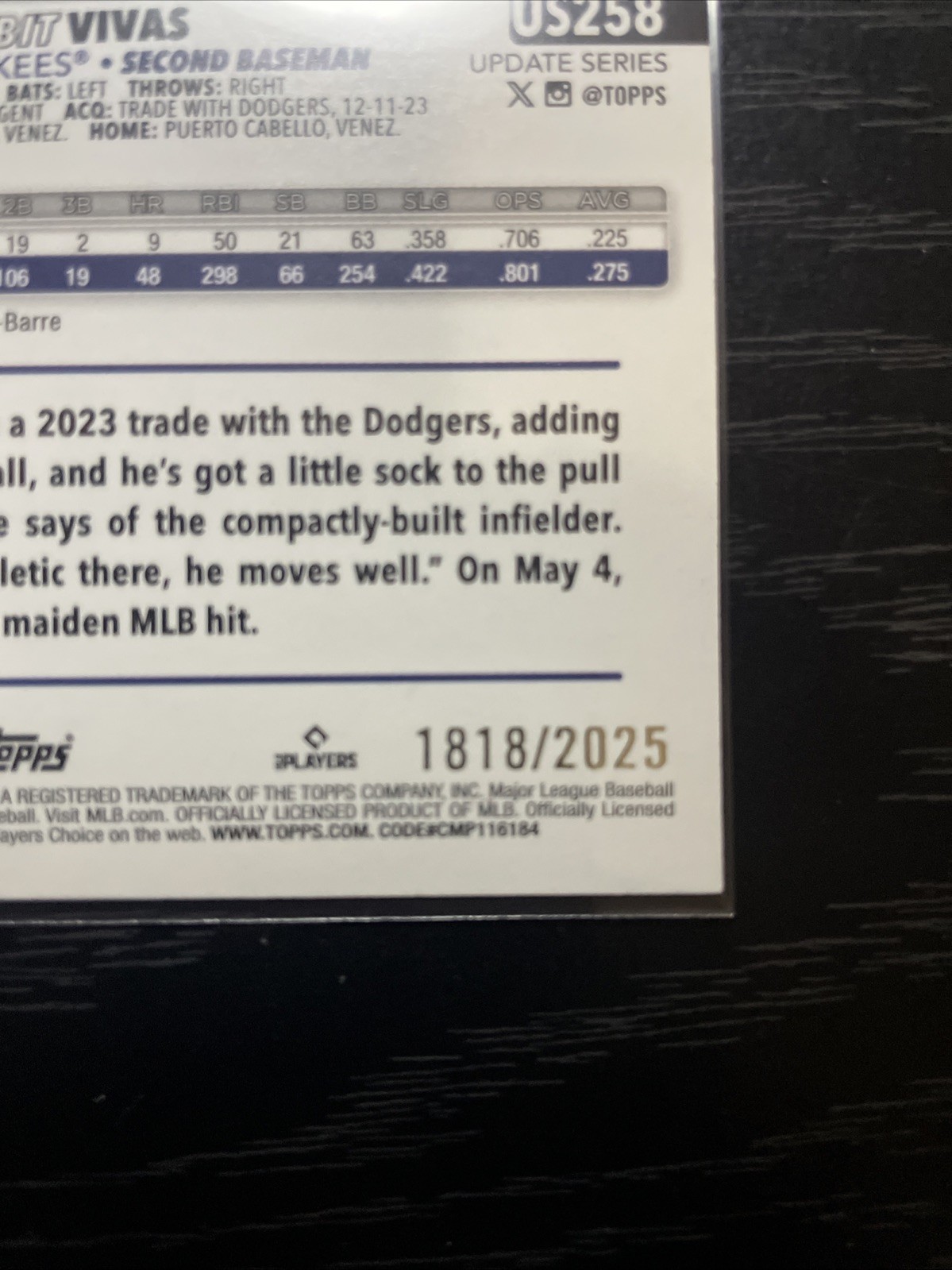 2025 Topps Update Jorbit Vivas (RC) #US258 Gold /2025 New York Yankees Rookie