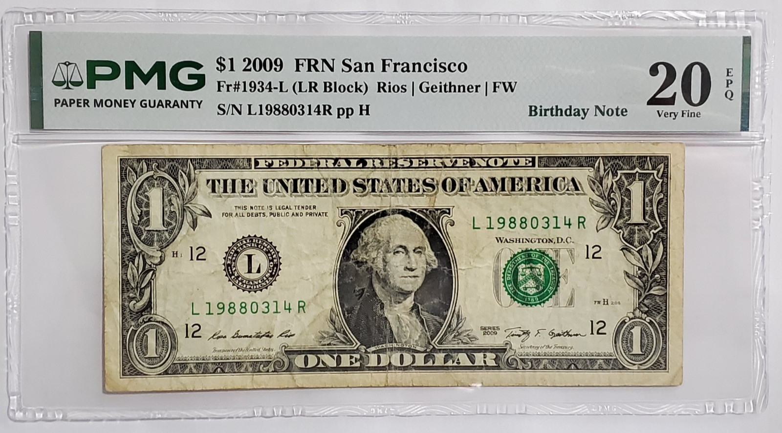 $1 Bill Series 2009 (Rookie Year) STEPHEN CURRY Birthday Note PMG – L 19880314 R