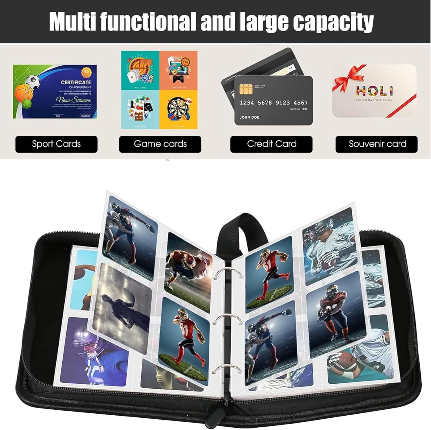 900 Card Pocket Binder with Zipper 9 Pocket Trading Cards Album Folder Black US