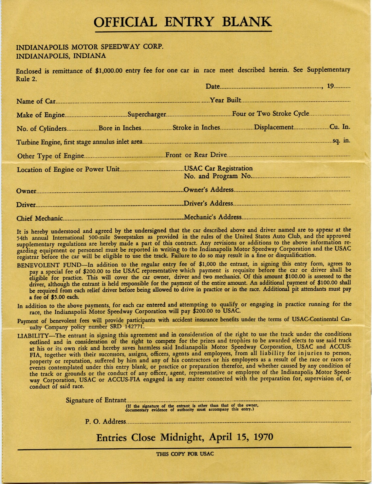 Indy 500 1970 OFFICIAL ENTRY BLANK RULES AND REGULATIONS