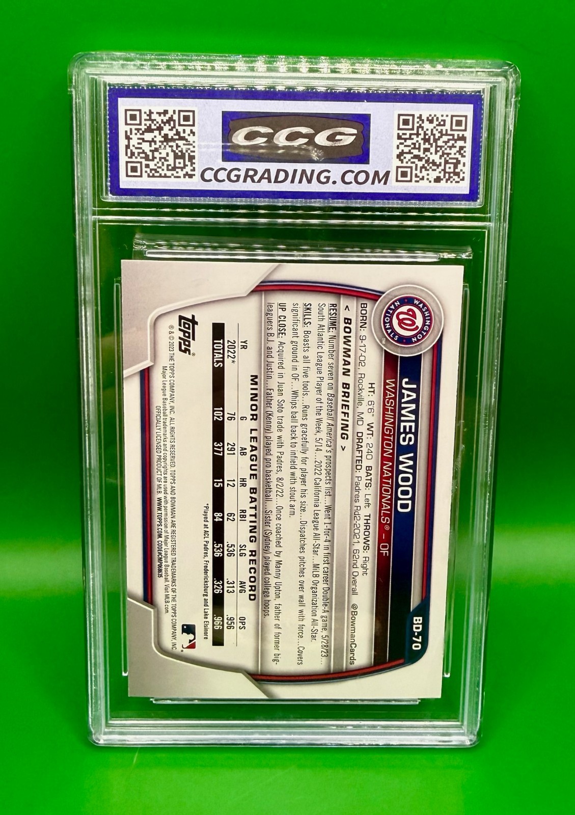 James Wood 2023 Bowman Draft #BD70 CCG Graded 10 Rookie Washington Nationals