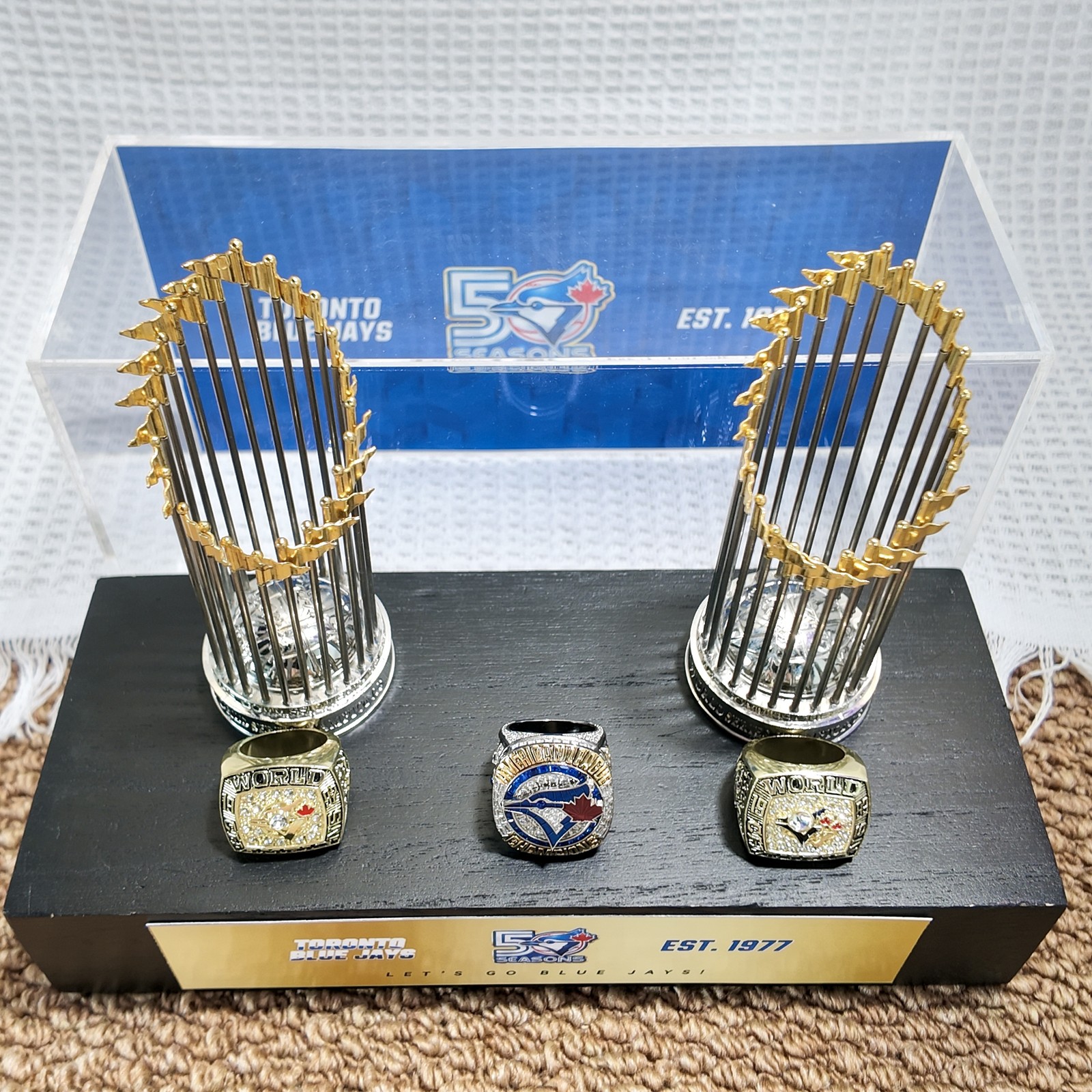 Toronto Blue Jays 50th Anniversary Championship Display Set 2 Trophies 3 Rings