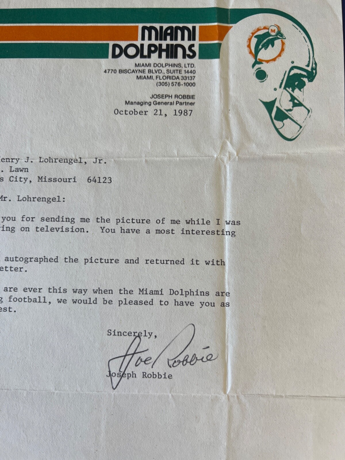 Joe Robbie Signed 7.25×10.5 Miami Dolphins Letter 1987 JSA COA