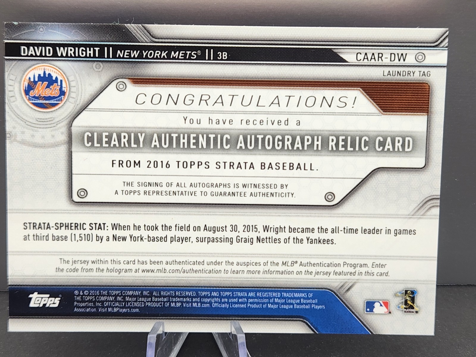 2016 Topps Strata Autographed Relics Swatch David Wright #CAAR-DW 1/1 Mets