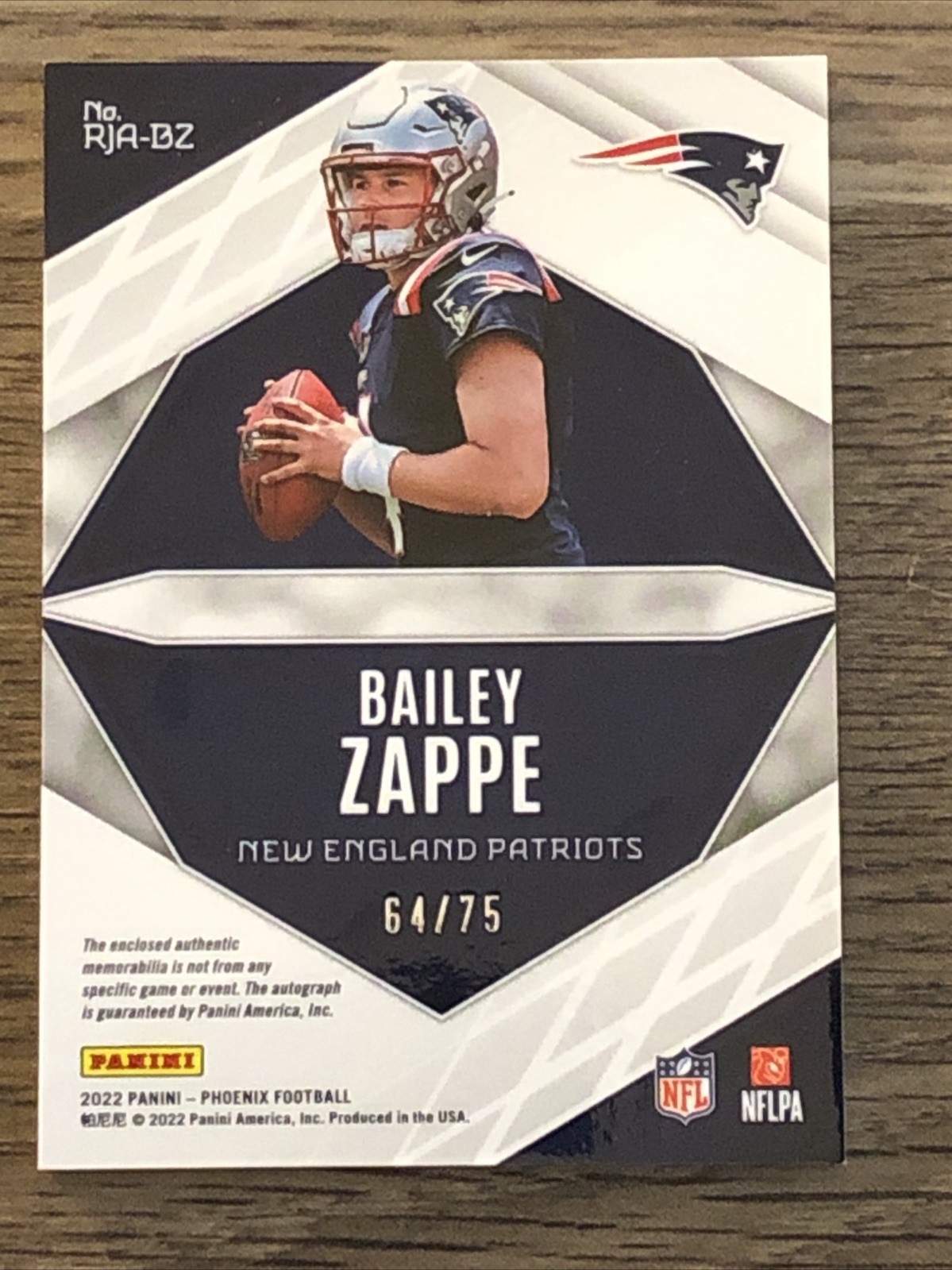 2022 Panini Phoenix Football – Bailey Zappe #RJA-BZ RPA Yellow /75 (AU, MEM, RC)