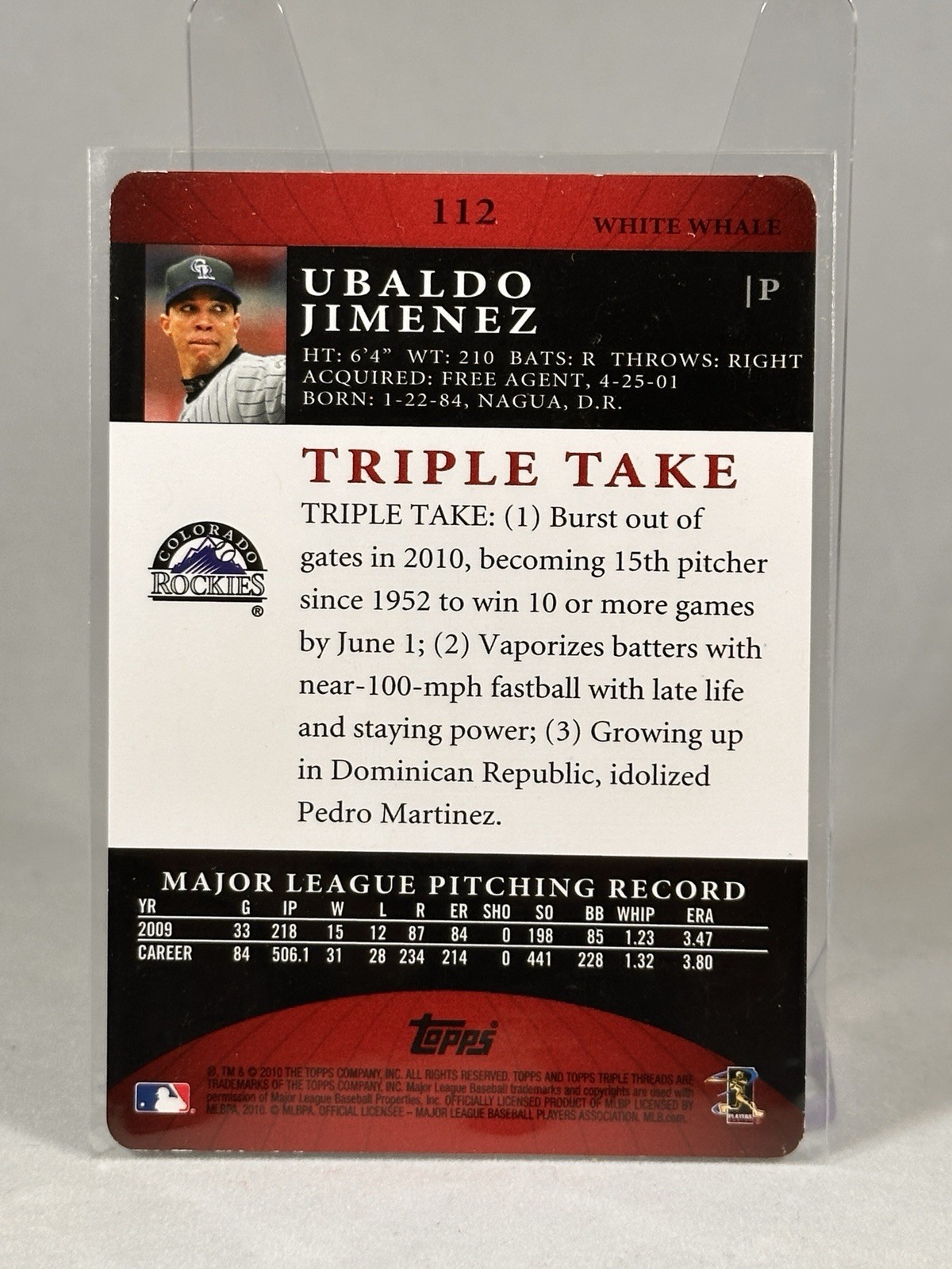#112 Ubaldo Jimenez 2010 Topps Triple Threads – White Whale Printing Plate 1/1