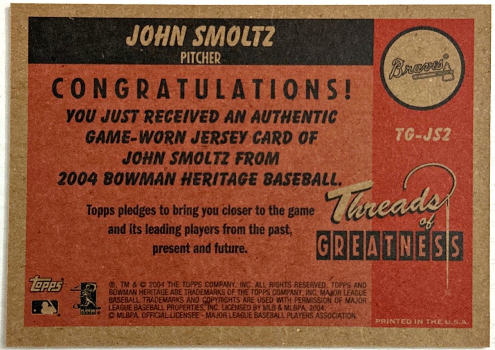 2004 Bowman Heritage Threads of Greatness Jersey John Smoltz #TG-JS2 Braves