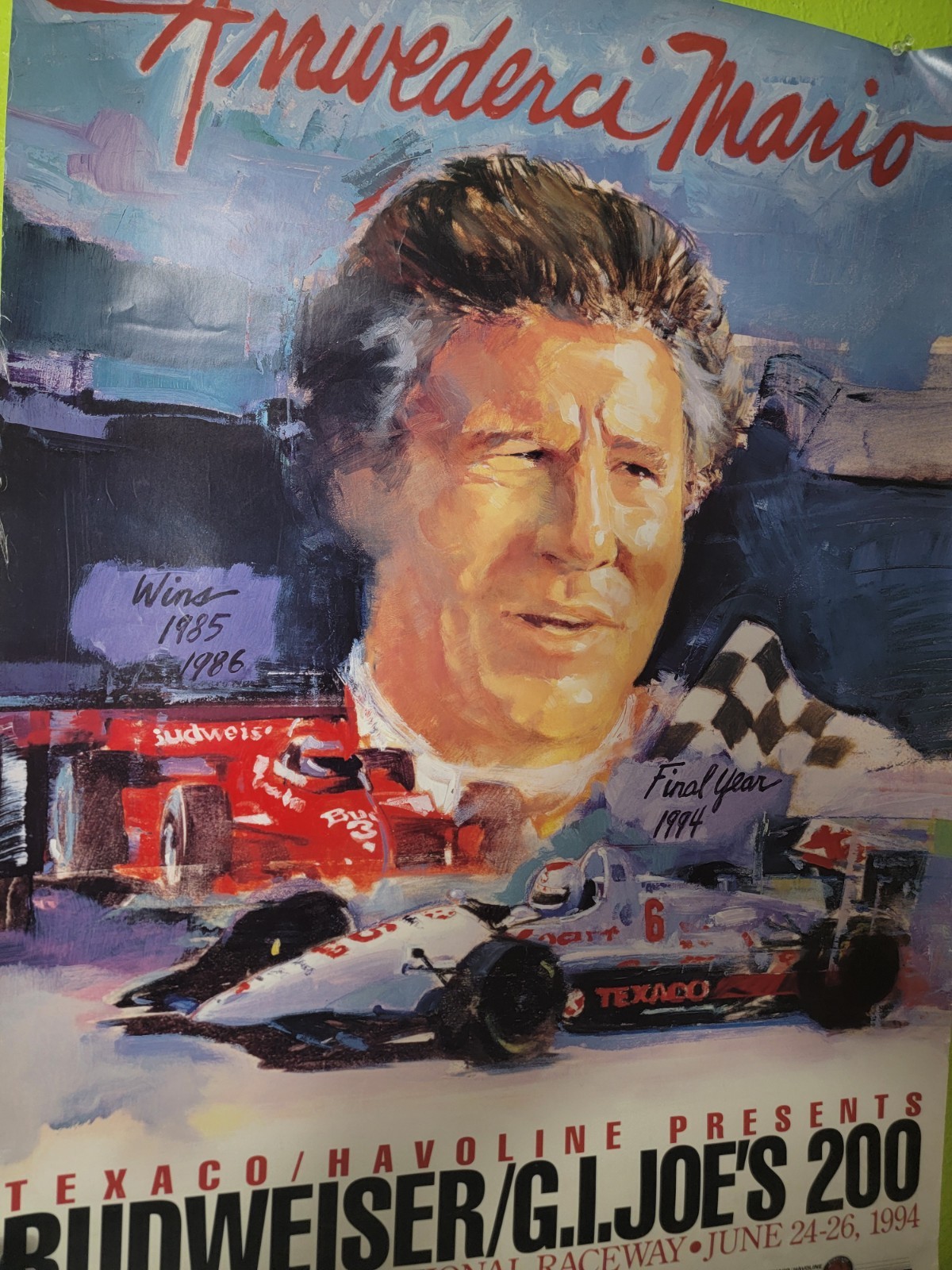 Vtg Arrivederci Mario Andretti Poster Budweiser 200 Final Indycar Portland Rare