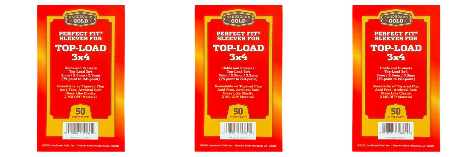 150 Cardboard Gold Perfect Fit Sleeves for Top-Load 3×4 from 75-140 Pt Bag