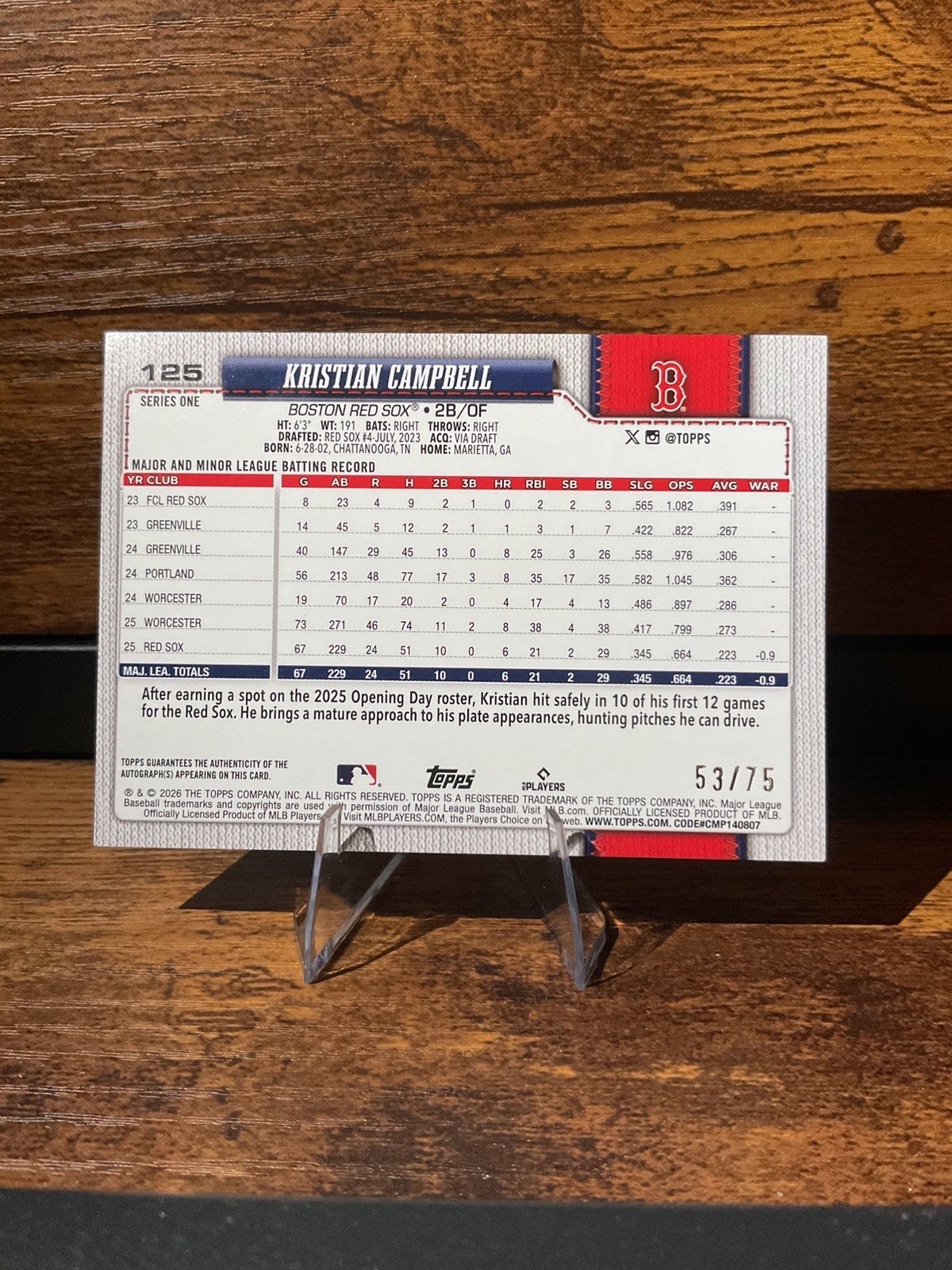 2026 Topps Series 1 Kristian Campbell Future Stars ON CARD AUTO /75 Red Sox
