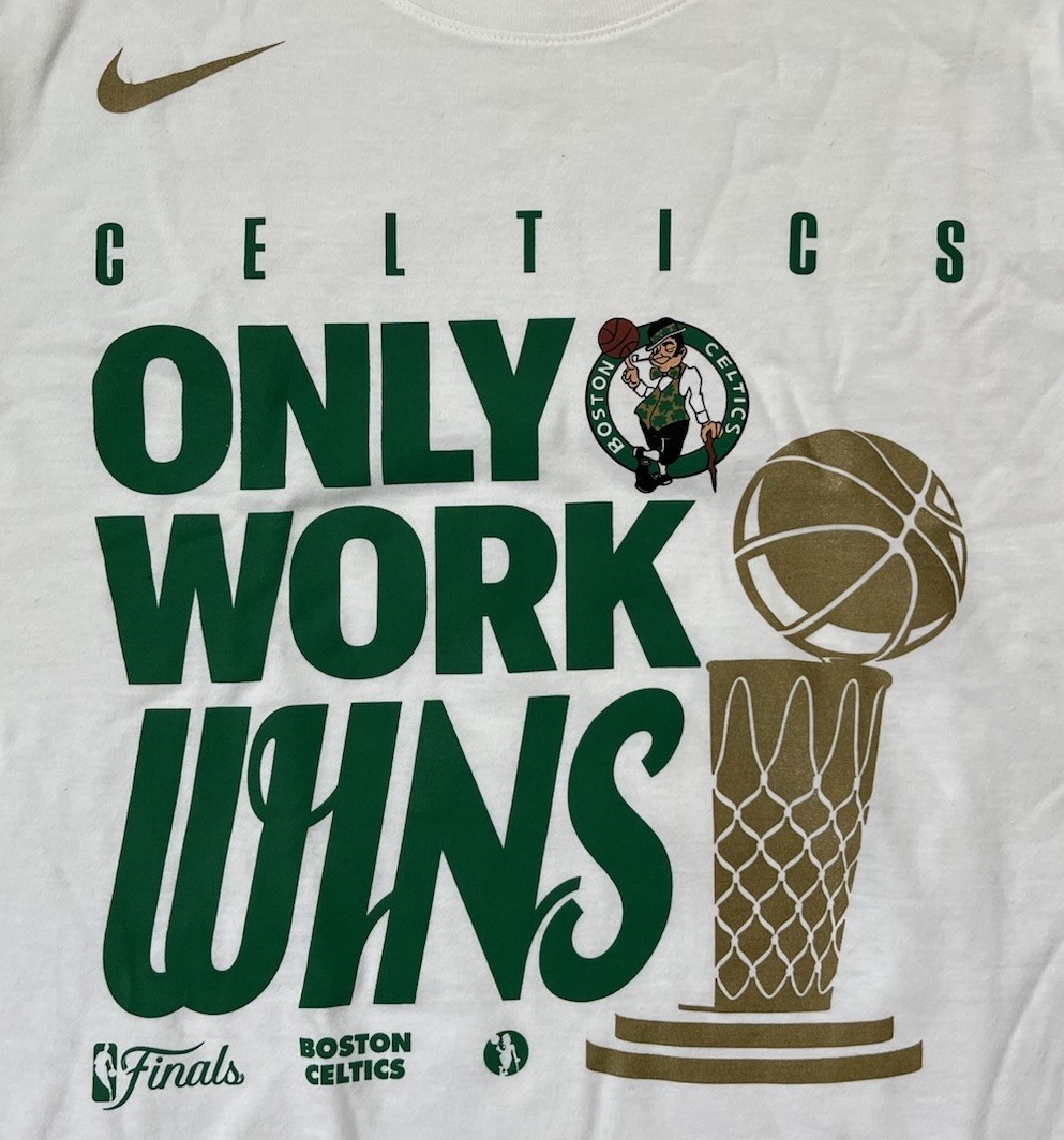 Boston Celtics NBA Finals Nike “Only Work Wins” White T-Shirt Men’s Sz M