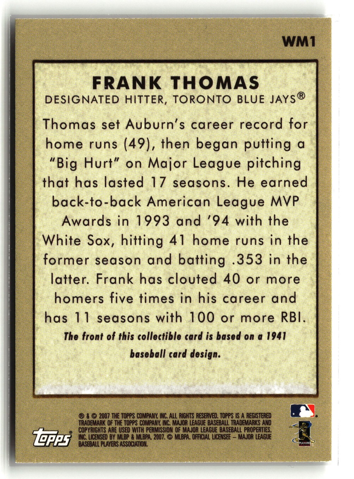 Frank Thomas 2007 Topps #WM1 Walmart PLEASE READ