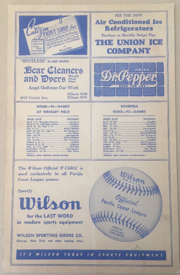 1947 Cleveland Indians vs Chicago White Sox At Wrigley LA Scorecard