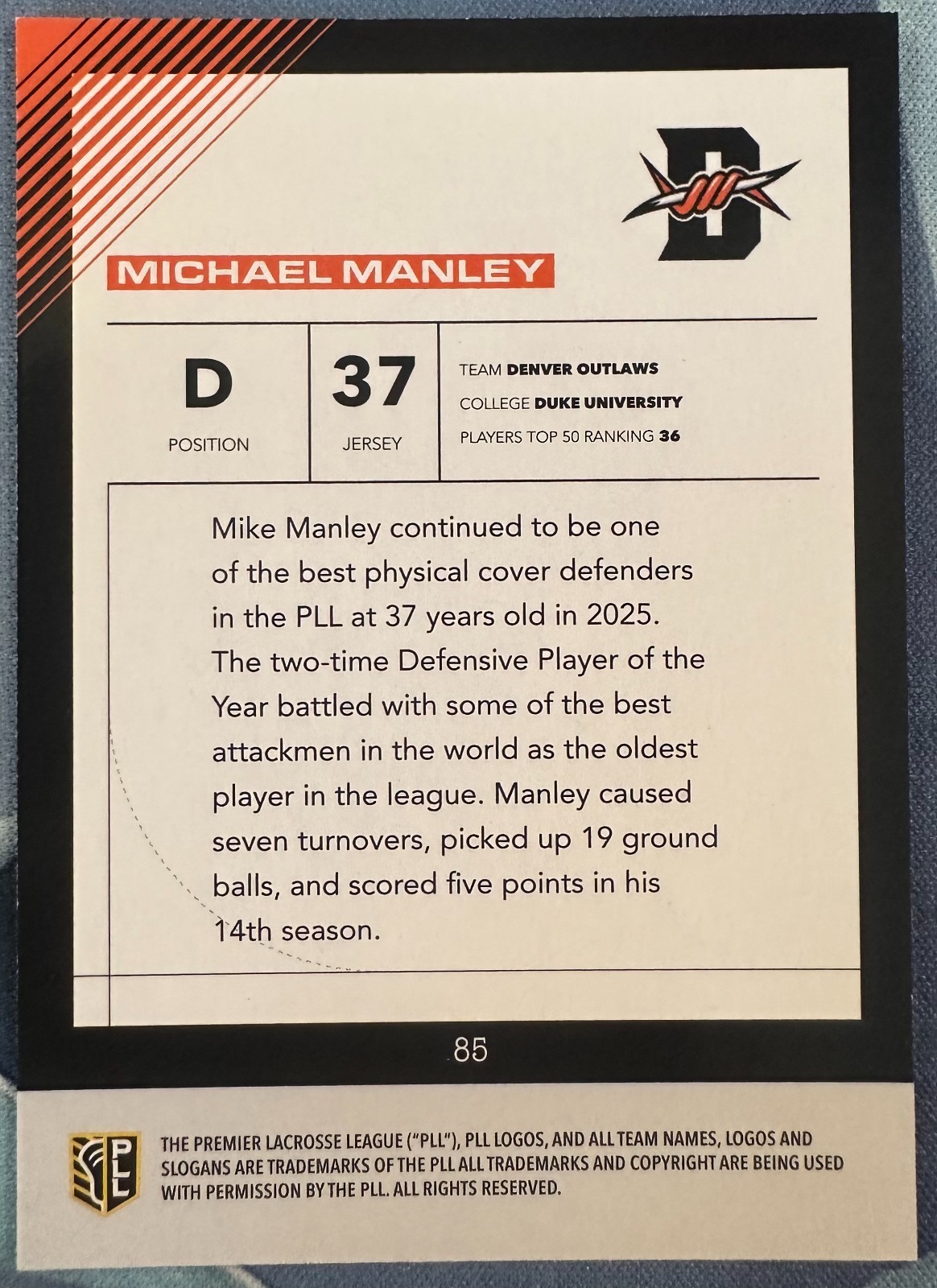 MICHAEL MANLEY 2026 PREMIER LACROSSE LEAGUE PLL FIELDSIDE II SP AUTO #85