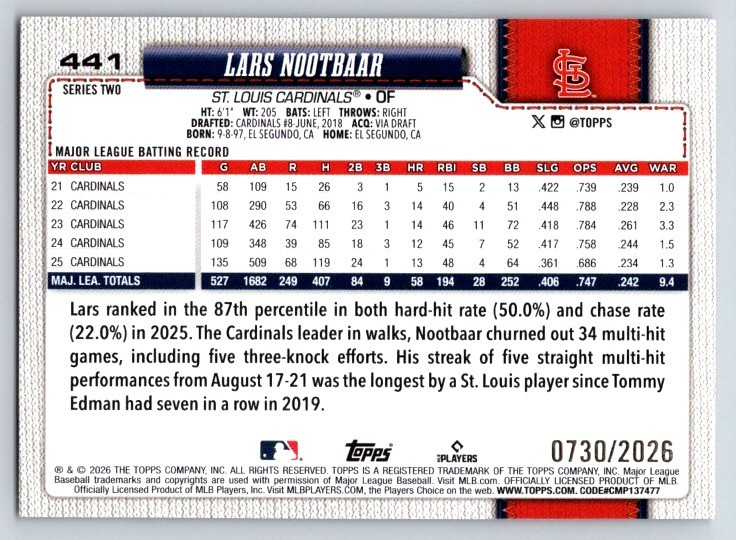 2026 Topps #441 Lars Nootbaar Gold #/2026