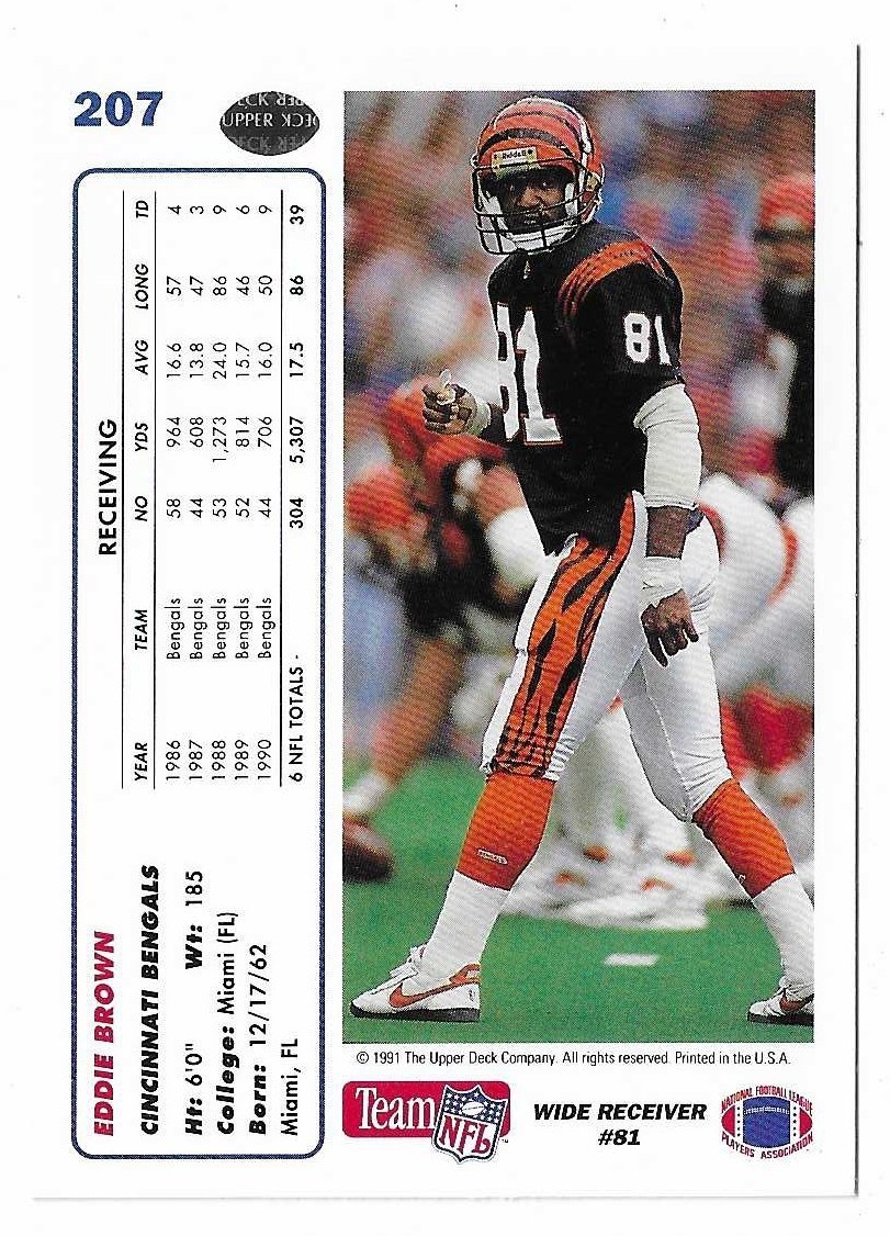 1991 Upper Deck Football Freddie Eddie Brown Card #207 Cincinnati Bengals