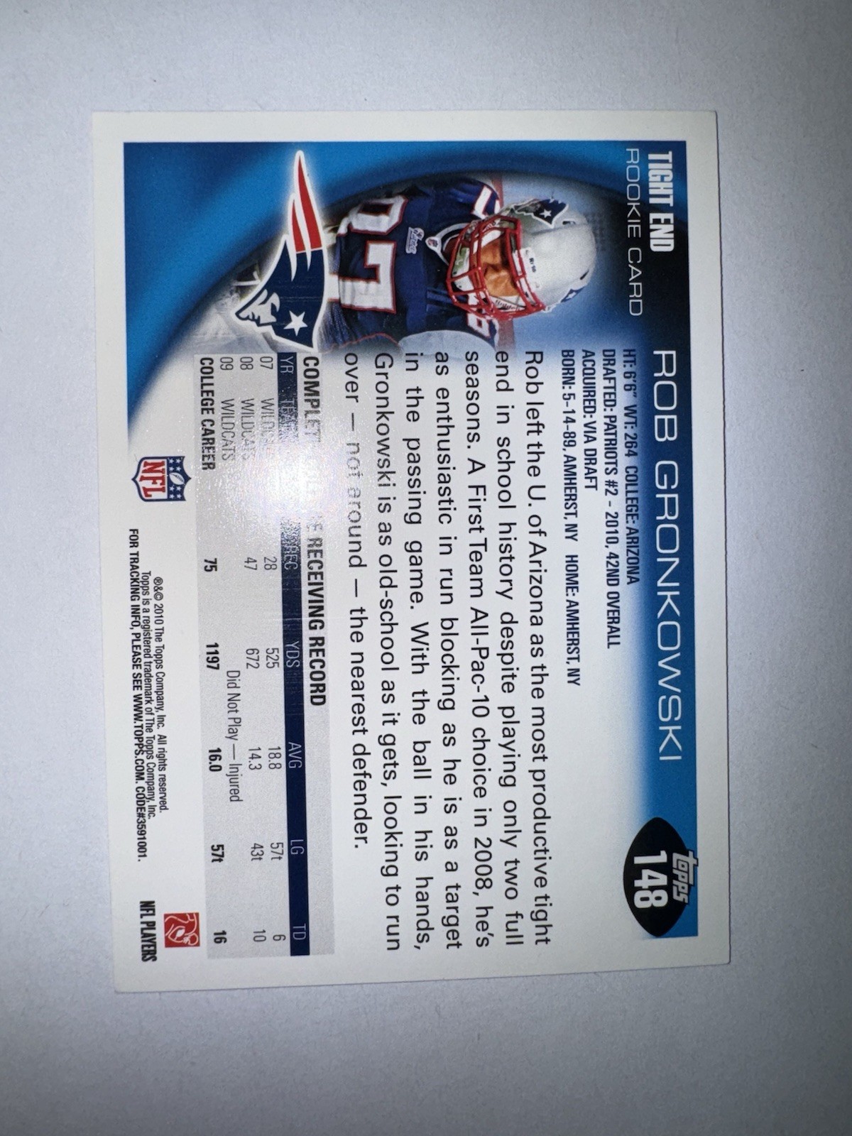 Rob Gronkowski (“Gronk”) #148 RC – 2010 Topps New England Patriots Rookie (NM)