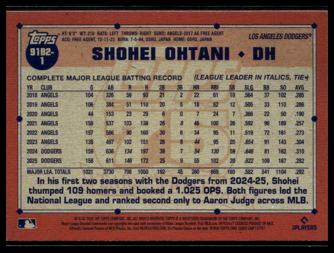 2026 Topps #91B2-1 Shohei Ohtani 1991 Topps Baseball 35th Anniversary