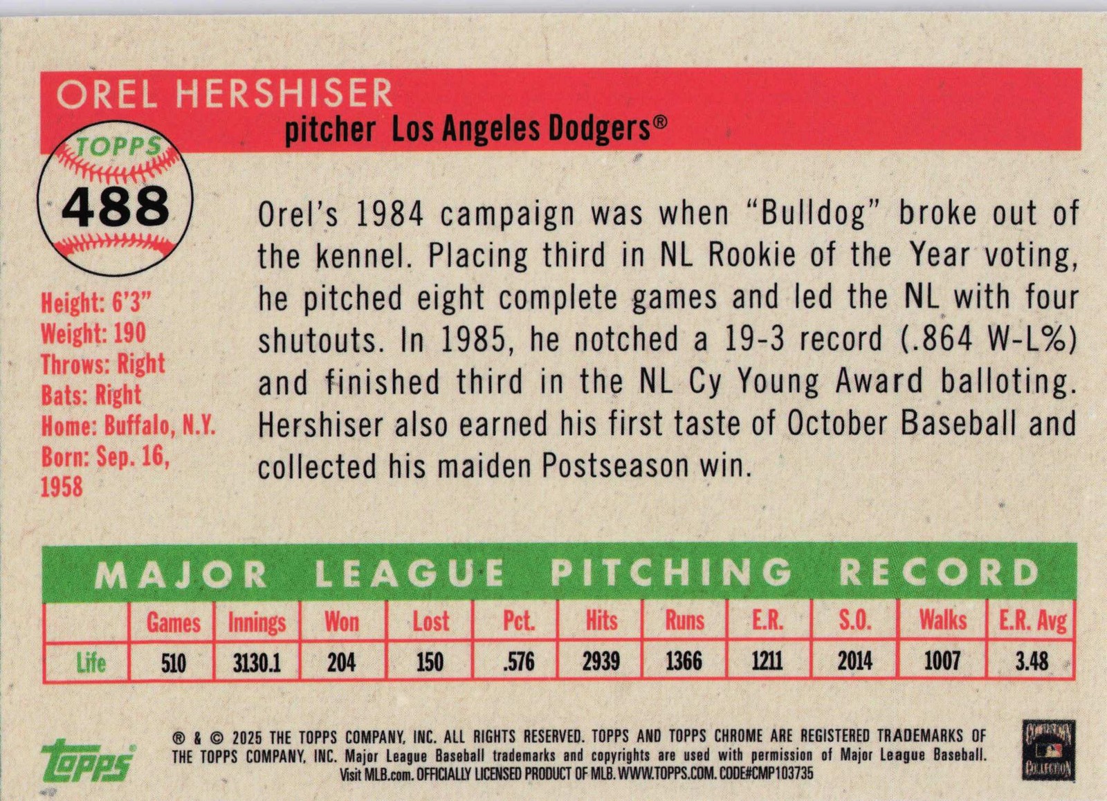 Orel Hershiser 2025 Topps Chrome Platinum #488 Toile Cream Fuchsia /100