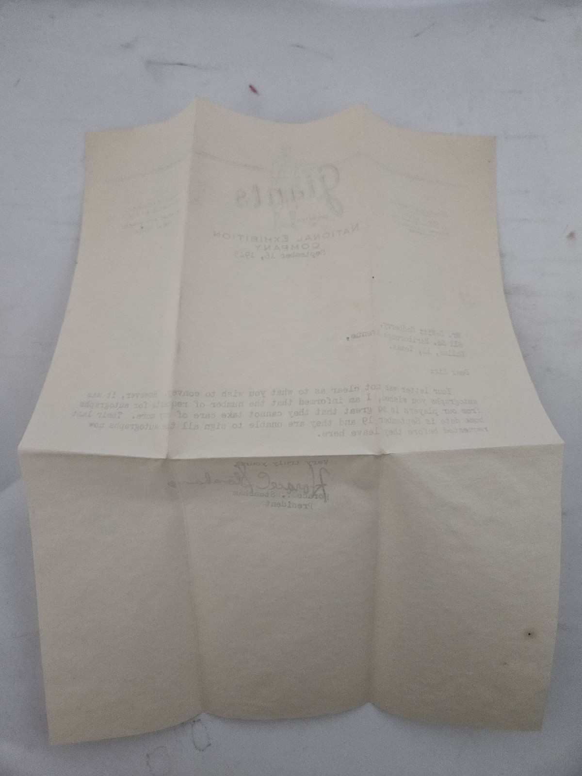 Original 1943 NY Giants Baseball Horace Stoneham Letter