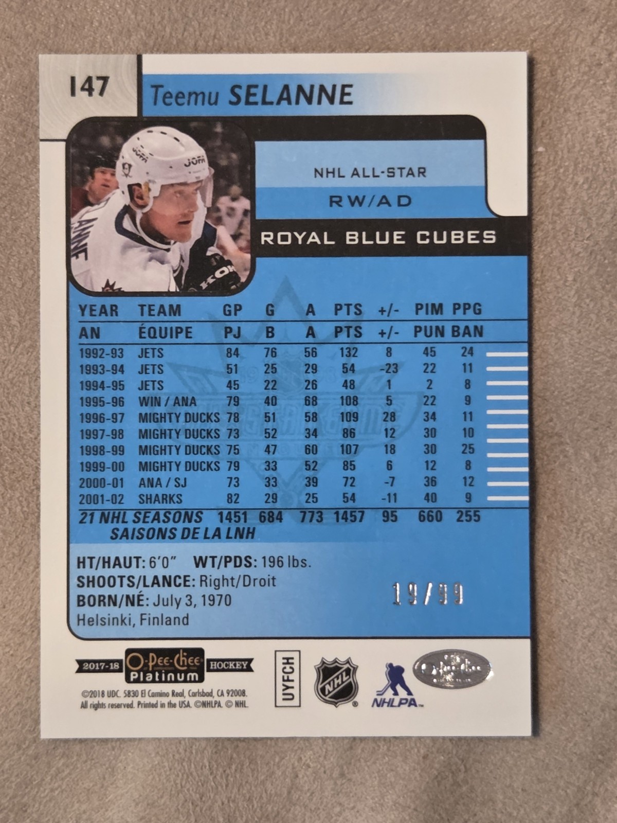 2017-18 O-Pee-Chee Platinum Teemu Selanne Royal Blue Cubes #/99