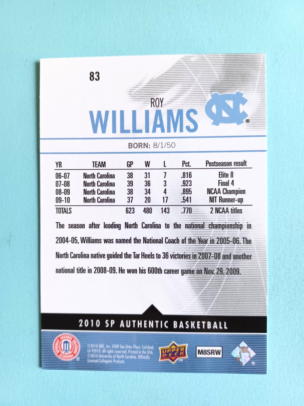 2010 SP AUTHENTIC BASKETBALL ROY WILLIAMS #83 COACH NORTH CAROLINA TAR HEELS