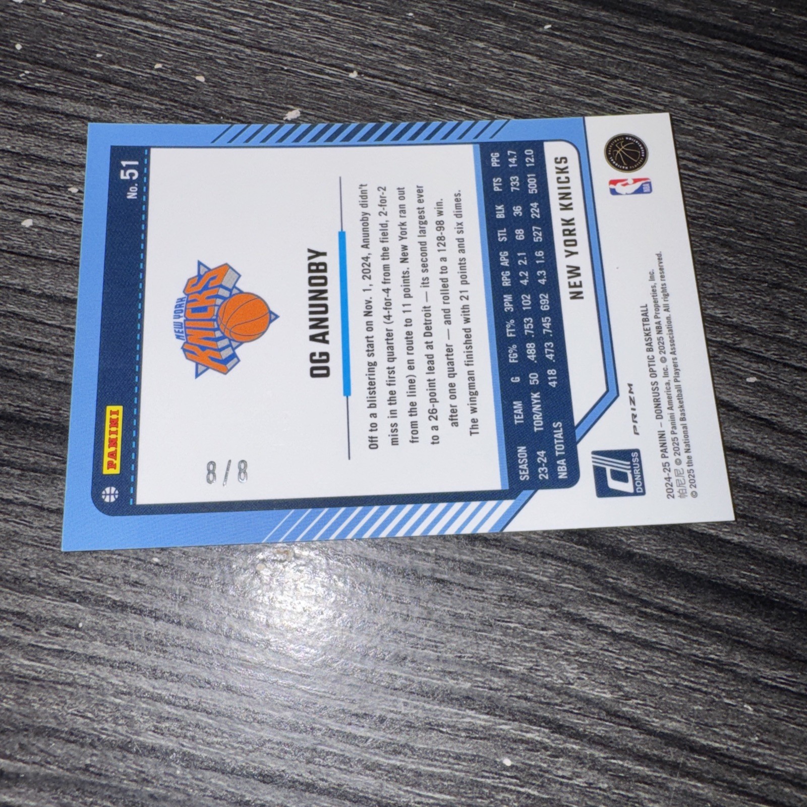OG ANUNOBY GREEN SPARKLE JERSEY # MATCH 8/8 SSP 2024-25 Donruss Optic #51 KNICKS