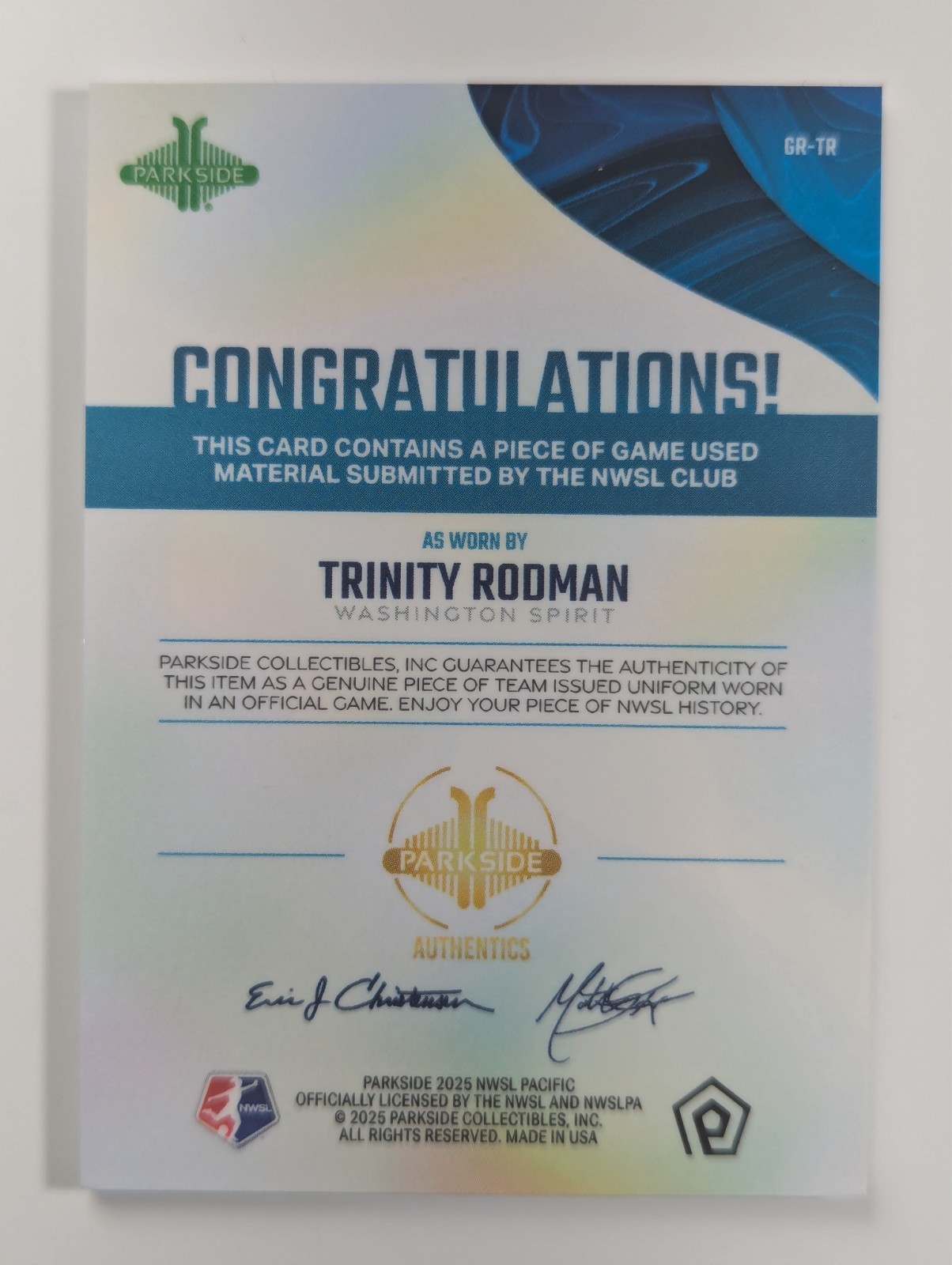 2025 Parkside NWSL Pacific Trinity Rodman Game Worn Relic QTY