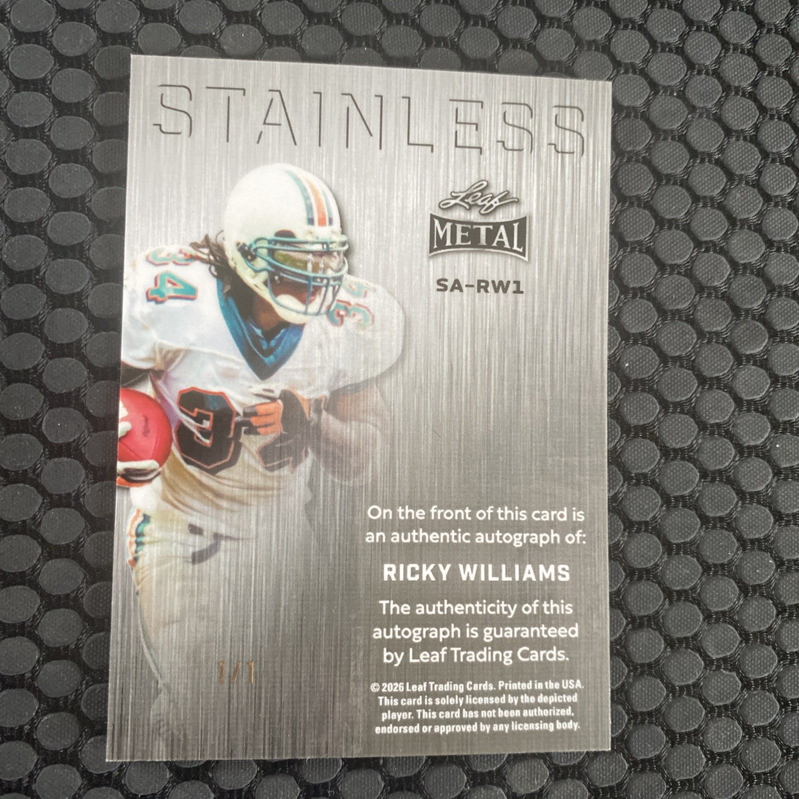 2026 Leaf Metal Stainless Blue Cracked Ice #SARW1 Ricky Williams 1/1 Auto