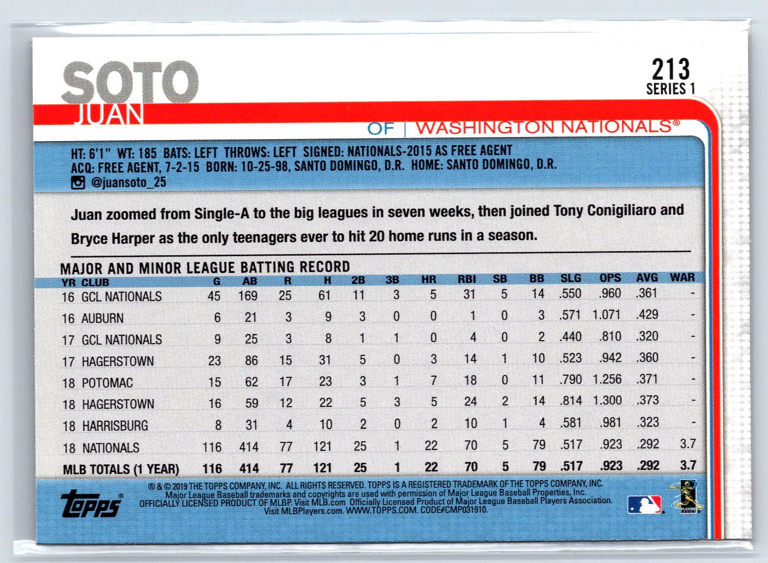 2019 Topps #213a Juan Soto BASE: Batting (horizontal);