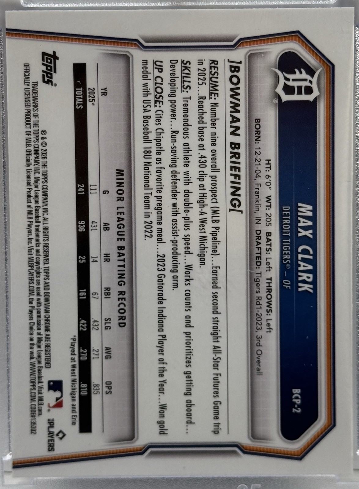 2026 Bowman sapphire #BCP-2 Max Clark Chrome Prospects