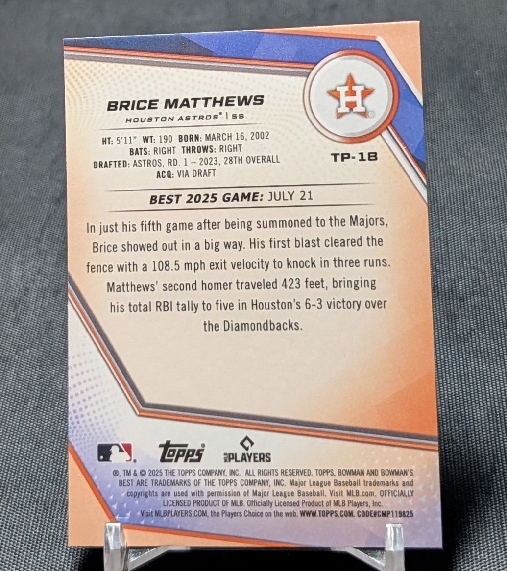 Brice Matthews Chrome Prospect Rookie RC 2025 Bowman’s Best Card #TP-18 Astros