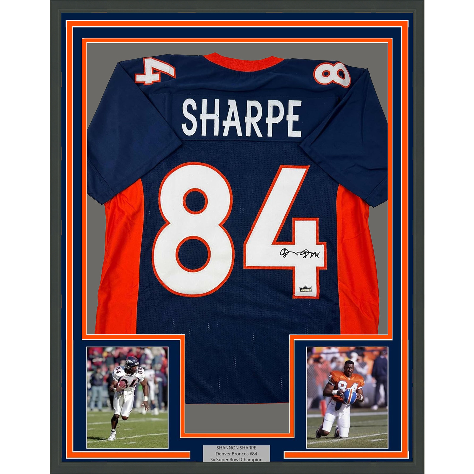 Framed Facsimile Autographed Shannon Sharpe 35×39 Denver Blue Reprint Jersey