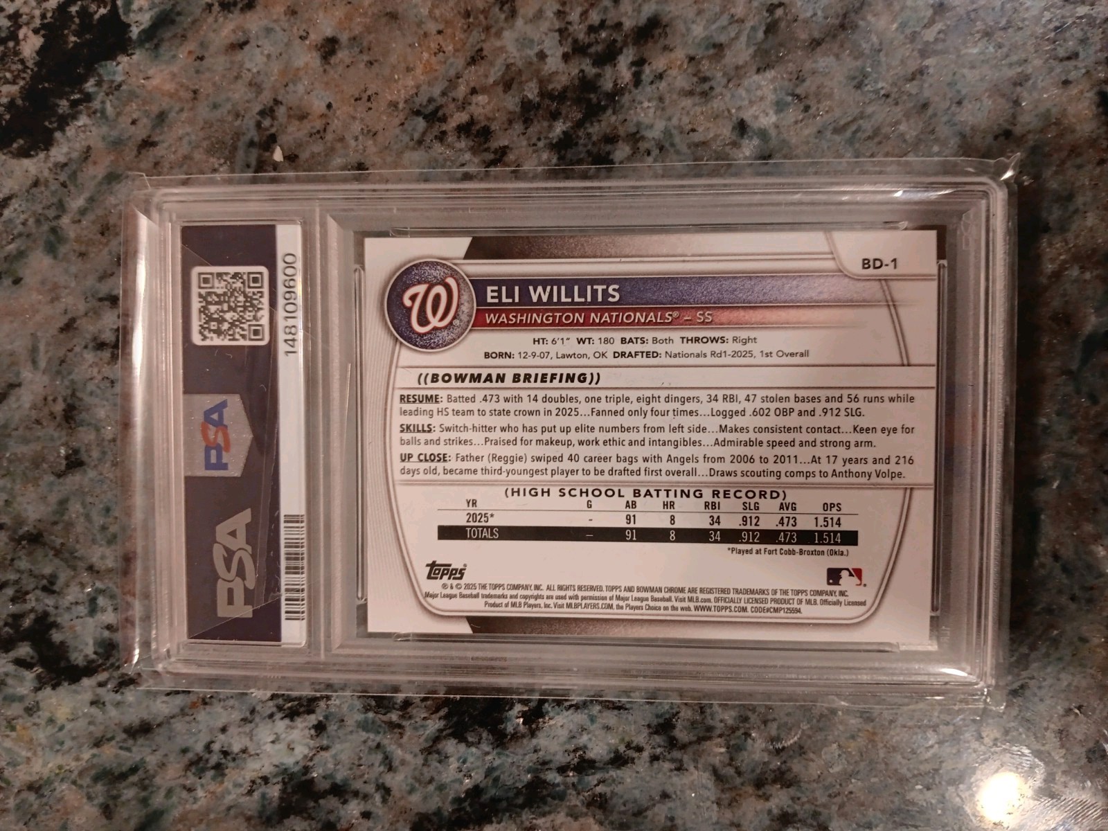 2025 Bowman Draft 1st Eli Willits Sky Blue Border #BD-1 PSA 9 365 / 499