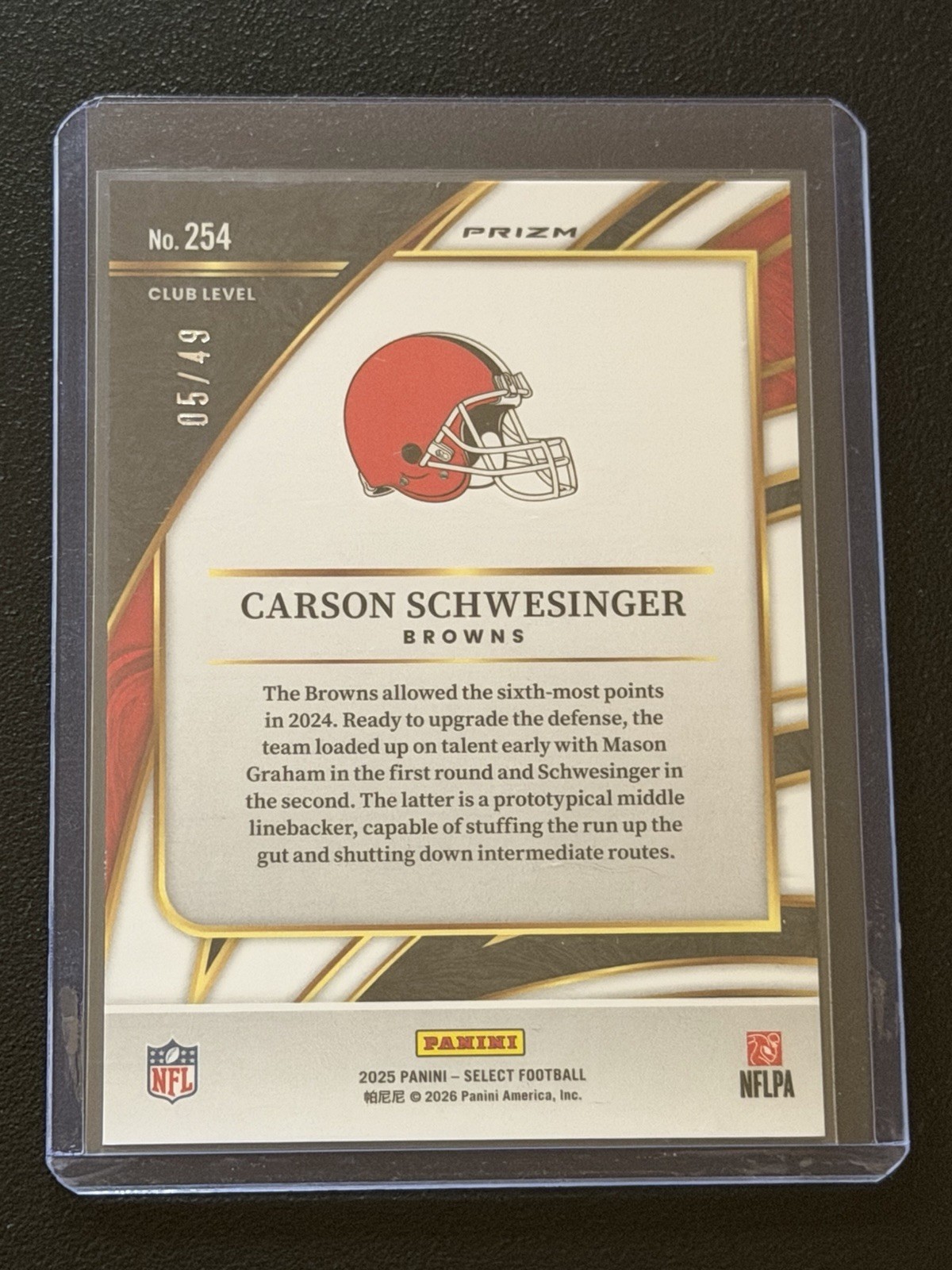 2025 Panini Select Club Level Prizm Carson Schwesinger #254 RC 05/49 Browns