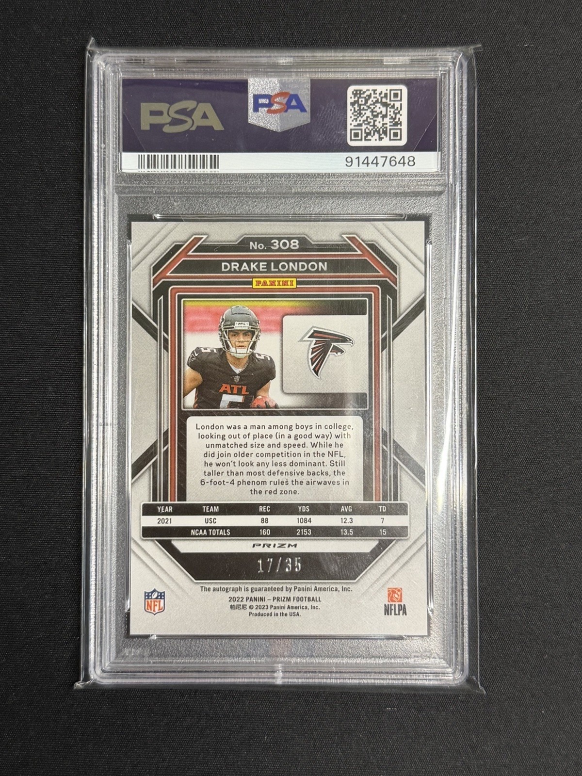 Drake London 2022 Panini Prizm #308 Red Shimmer RC Auto /35 PSA 8
