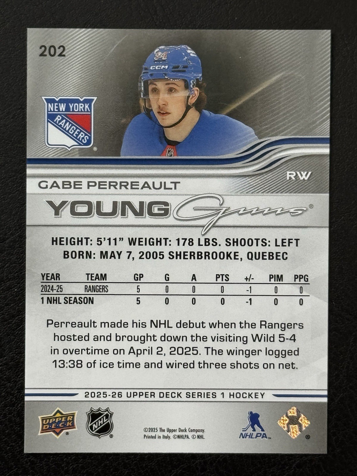 2025-26 Upper Deck Series 1 – Gabe Perreault #202 YOUNG GUNS (RC)