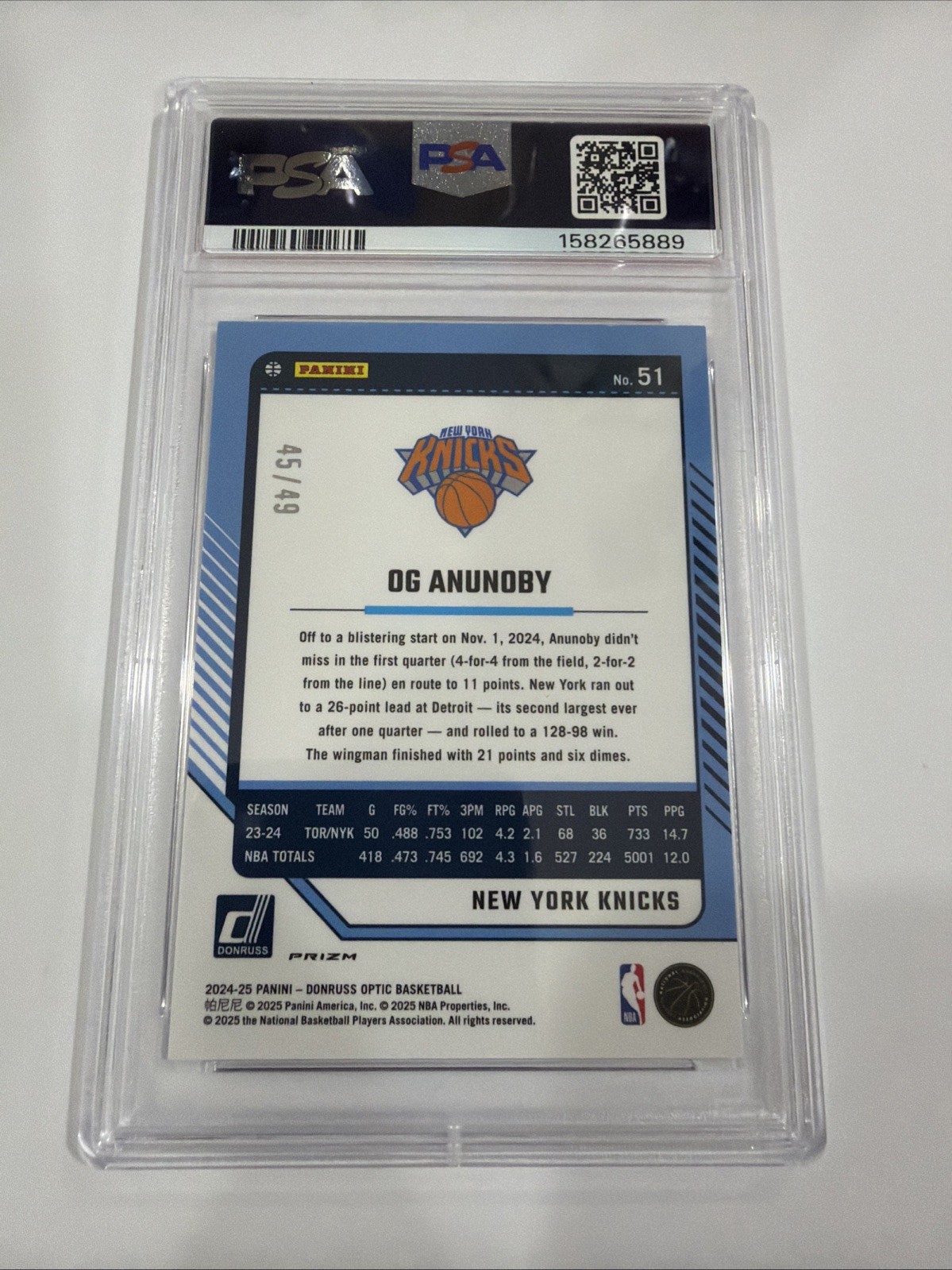 2024 Donruss Optic Basketball Og Anunoby Blue /49 (PSA 9)