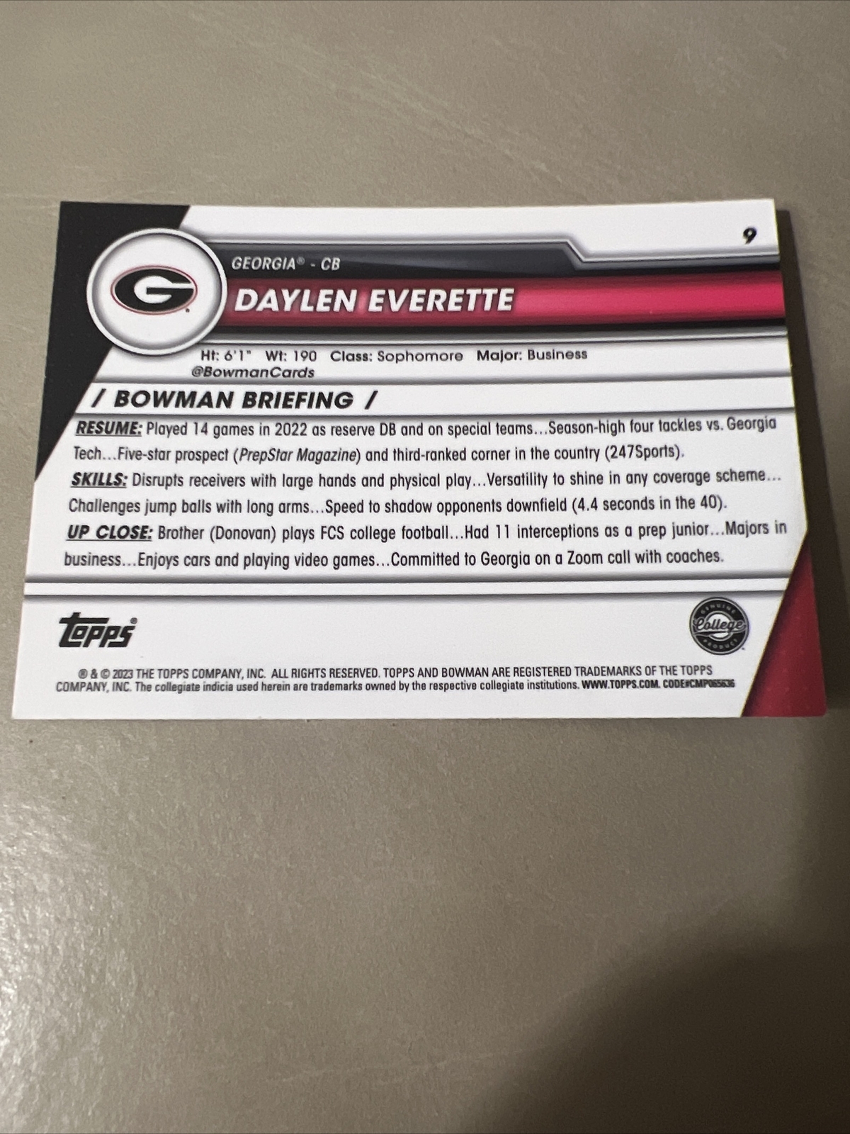 Daylen Everette 1st Rookie RC 2023 Bowman Chrome University Card #9 Georgia