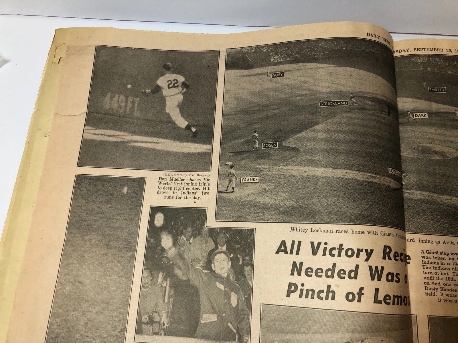 “THE CATCH” Willie Mays Newspaper Daily News NY 1954 MLB World Series Game 1 Sep