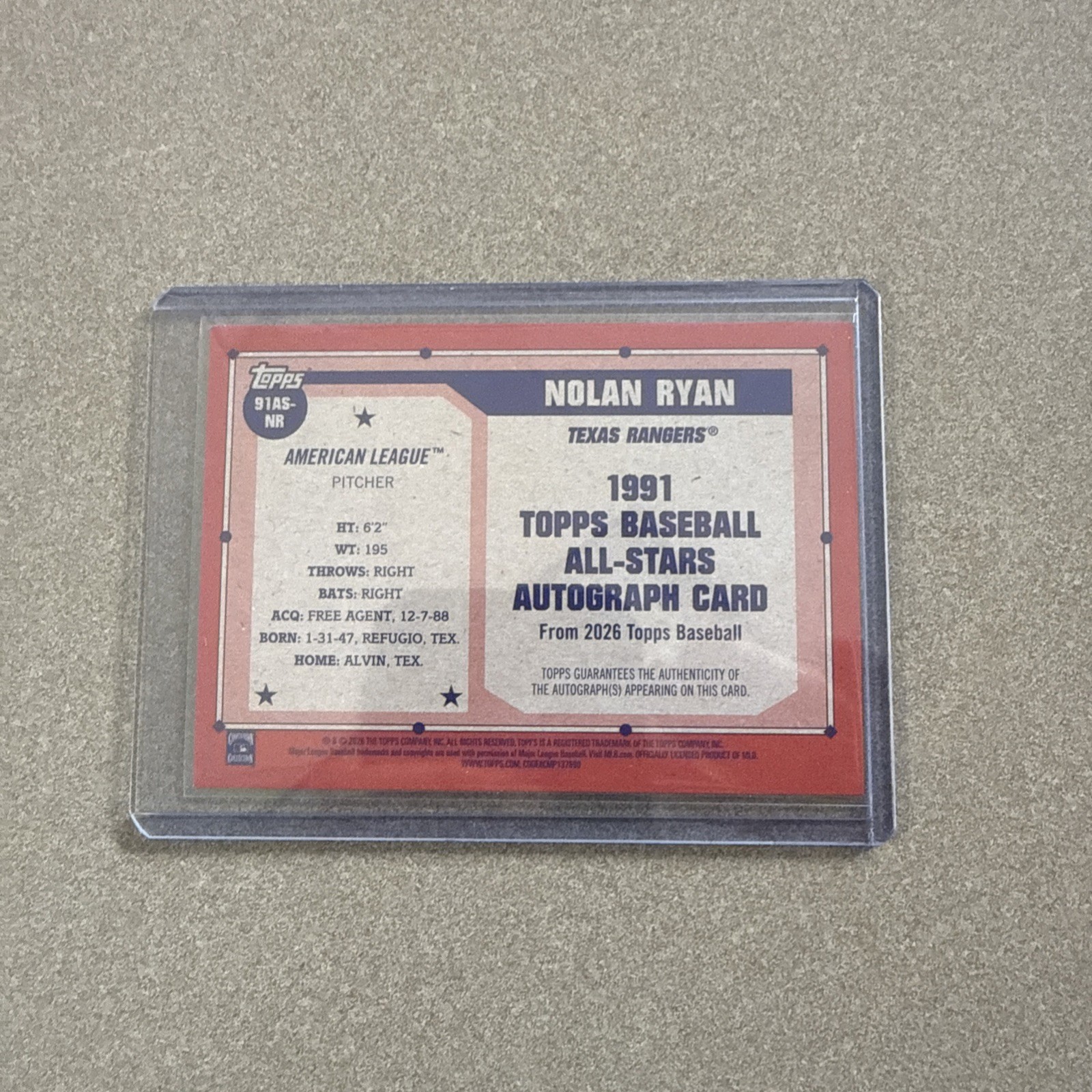2026 Topps Series 2 Nolan Ryan 1991 All-stars Auto #91as-nr