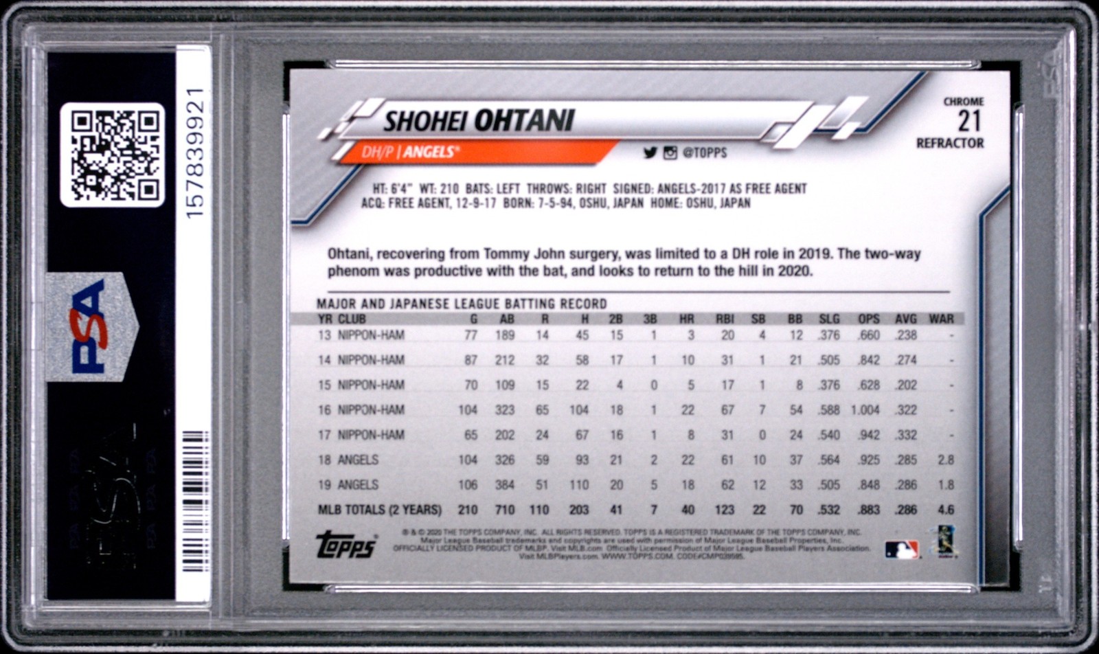 2020 Topps Chrome Shohei Ohtani X-Fractor Refractor PSA 9 Los Angeles Angels
